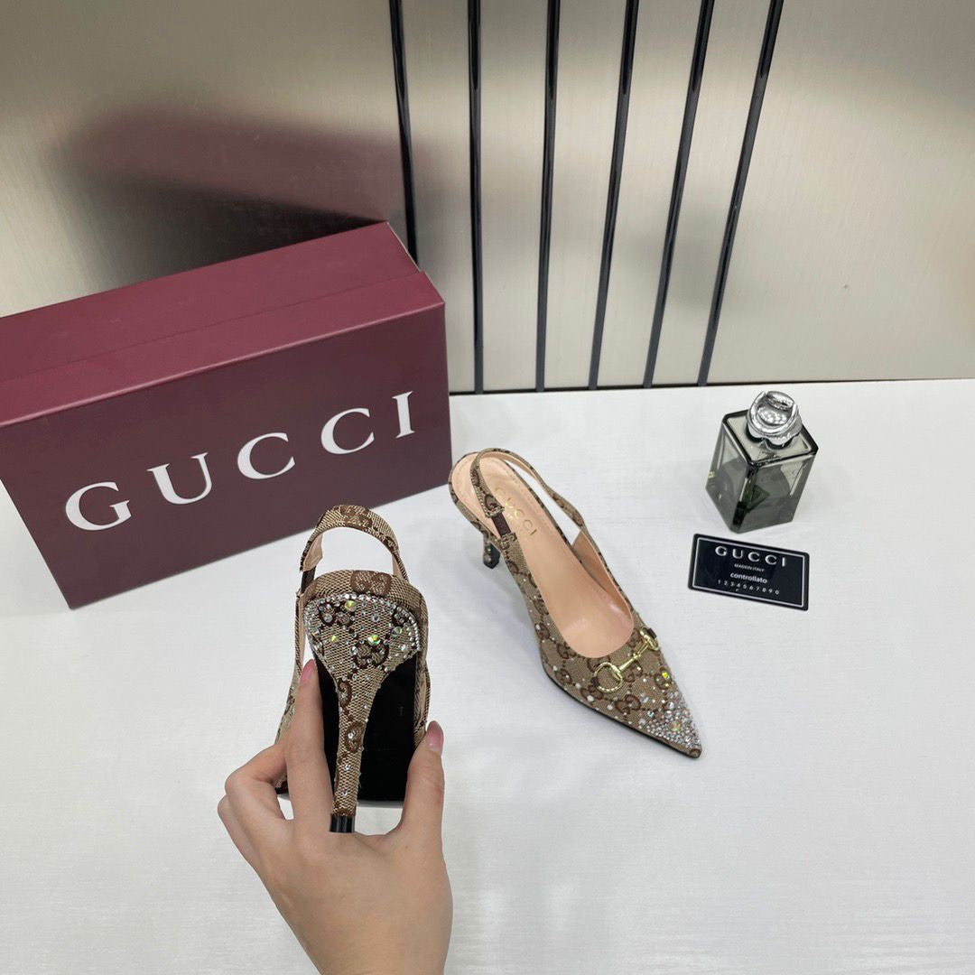 GUCCI GG SPARKLE HEEL BROWN SLINGBACK PUMP